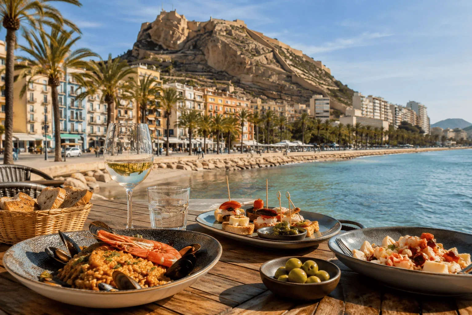 Front de mer d'Alicante avec palmiers et château de Santa Bárbara