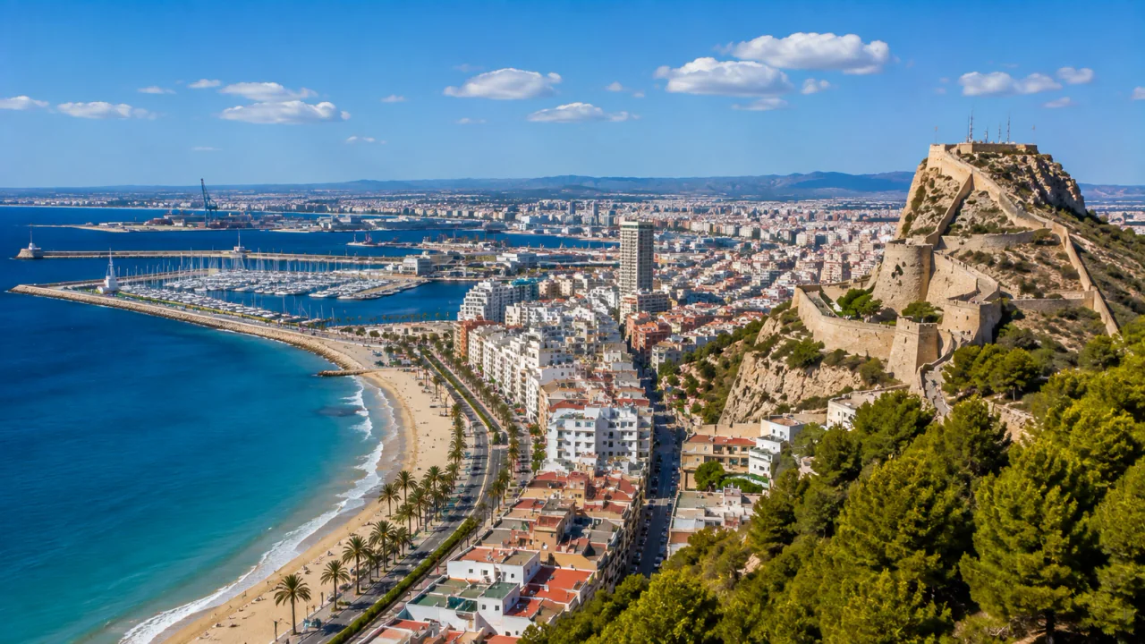 Vue aérienne d'Alicante, de la plage du Postiguet et du château de Santa Bárbara
