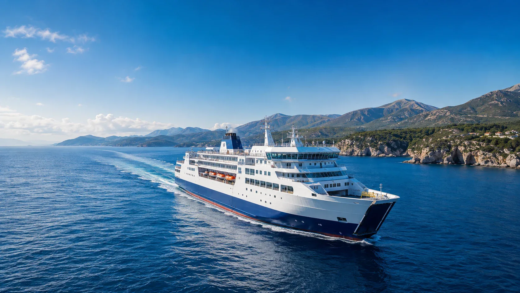 Ferry dans un paysage côtier européen pittoresque