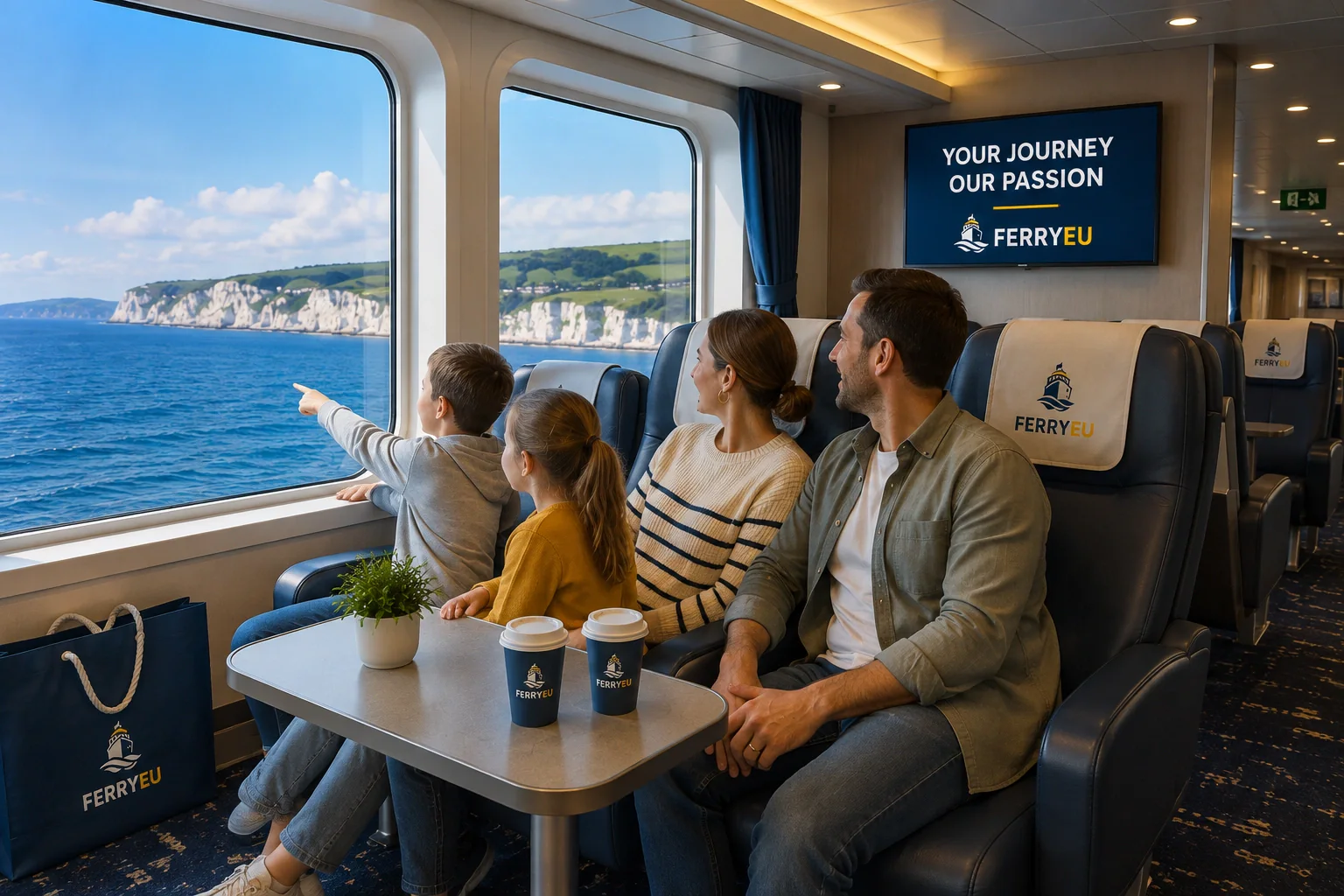 Famille se détendant ensemble lors d'une traversée en ferry européen
