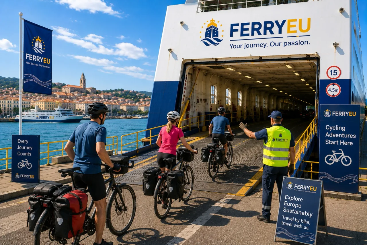 Voyageur à vélo se préparant pour un voyage en ferry