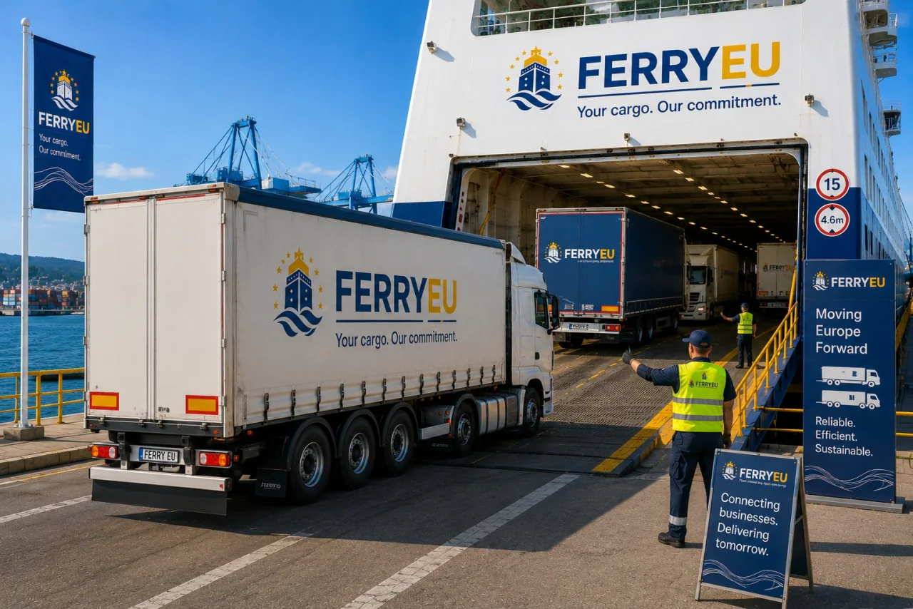 Des véhicules commerciaux sont embarqués sur un ferry roulier