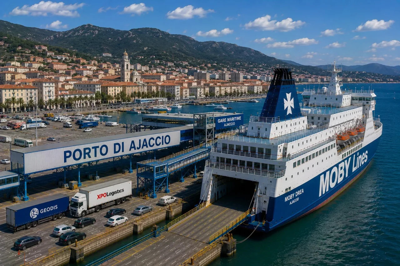 Port de ferry d'Ajaccio avec ferry à passagers sur le quai de la ville et front de mer derrière