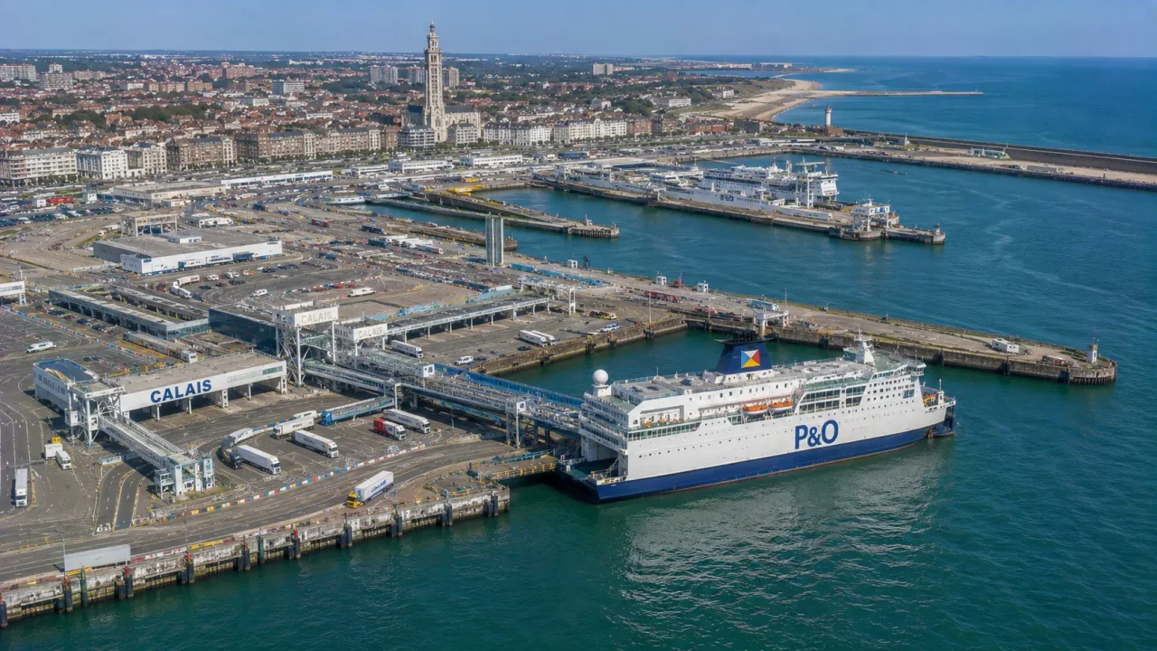 Vue aérienne du port de ferry de Calais avec ferry pour passagers, voies de chargement et front de mer