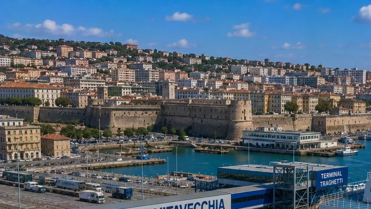 Port de ferry de Civitavecchia et front de mer de la ville sans marqueurs de compagnie maritime indépendants