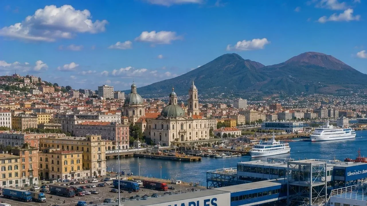 Terminal de ferry de Naples avec le Vésuve et le front de mer de la ville