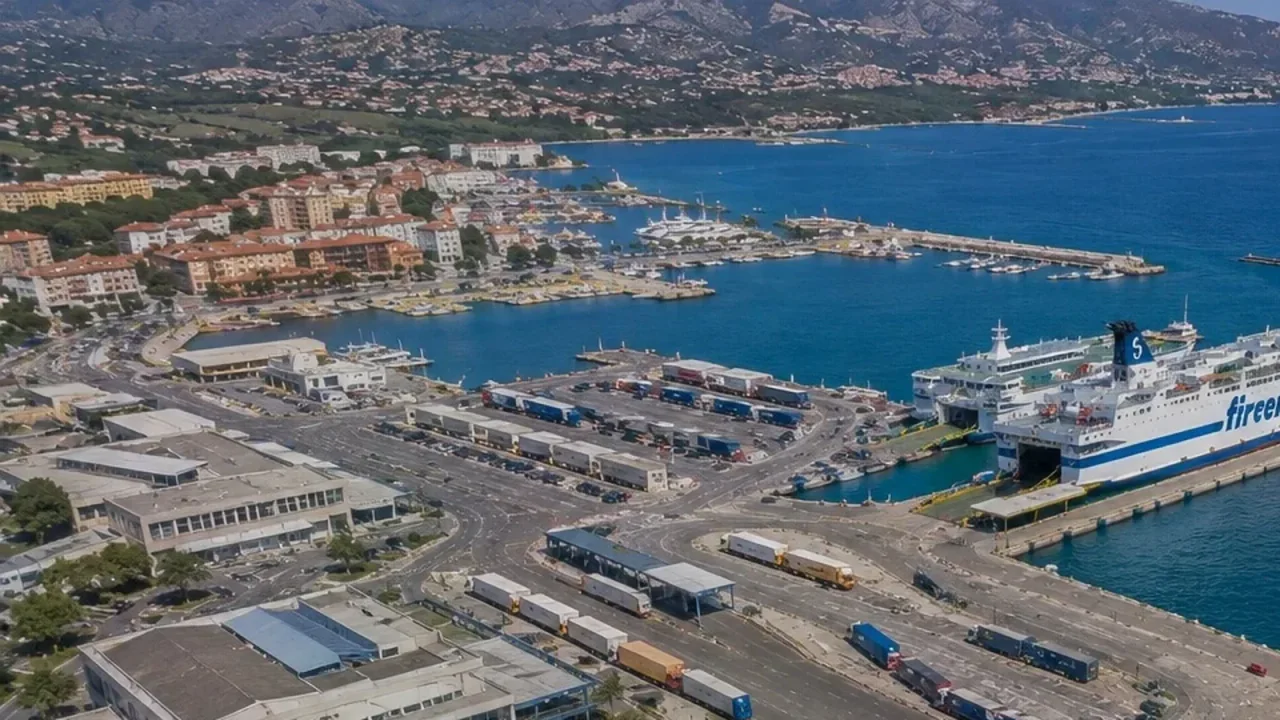 Vue aérienne du terminal des ferries d'Olbia avec un ferry à passagers Tirrenia