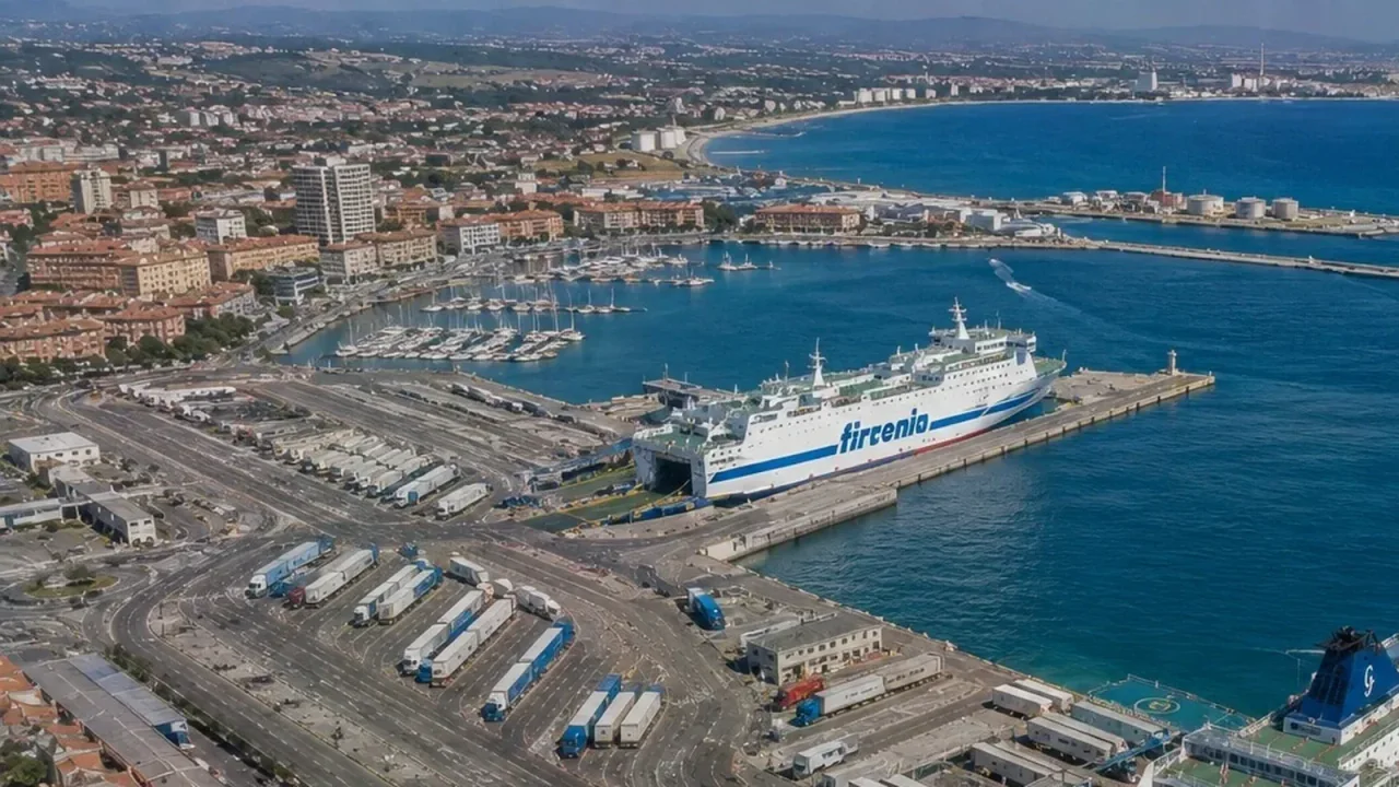 Vue aérienne du terminal de ferry et du port de Porto Torres