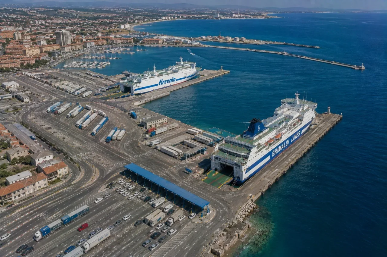 Vue aérienne du port de ferry et du terminal passagers de Porto Torres, dans le nord de la Sardaigne