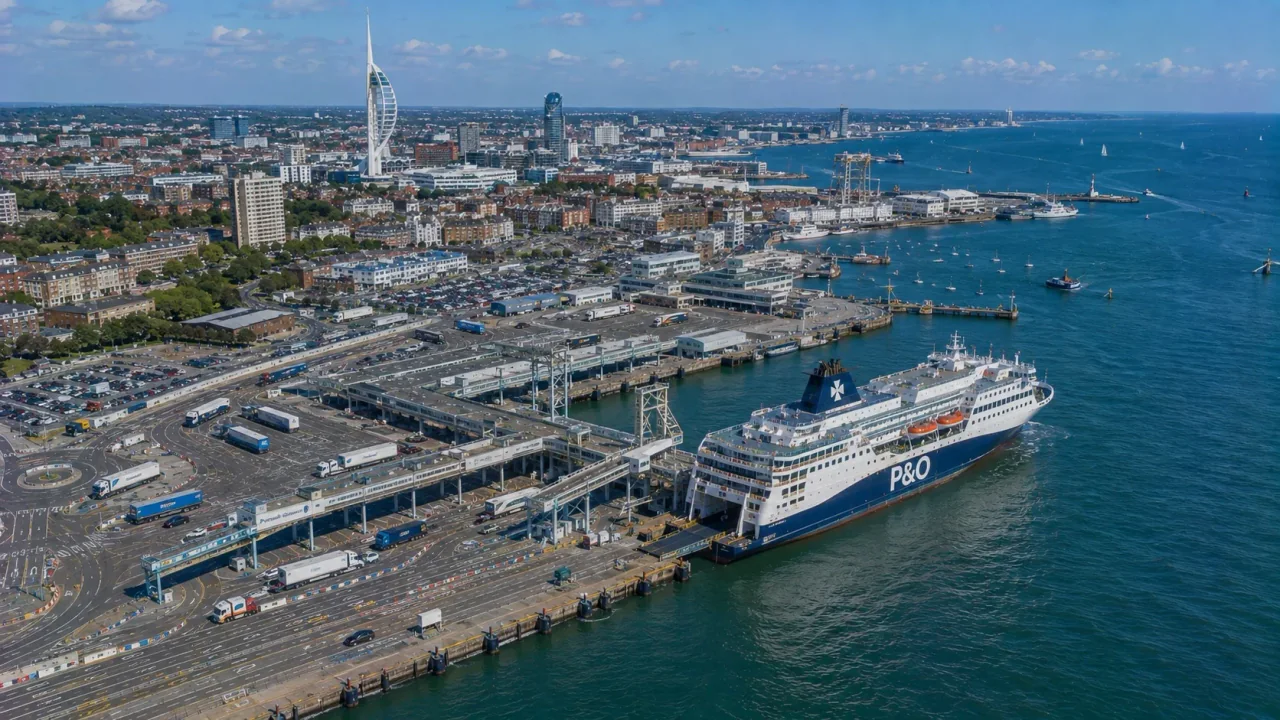 Vue aérienne du terminal des ferries et du port de Portsmouth
