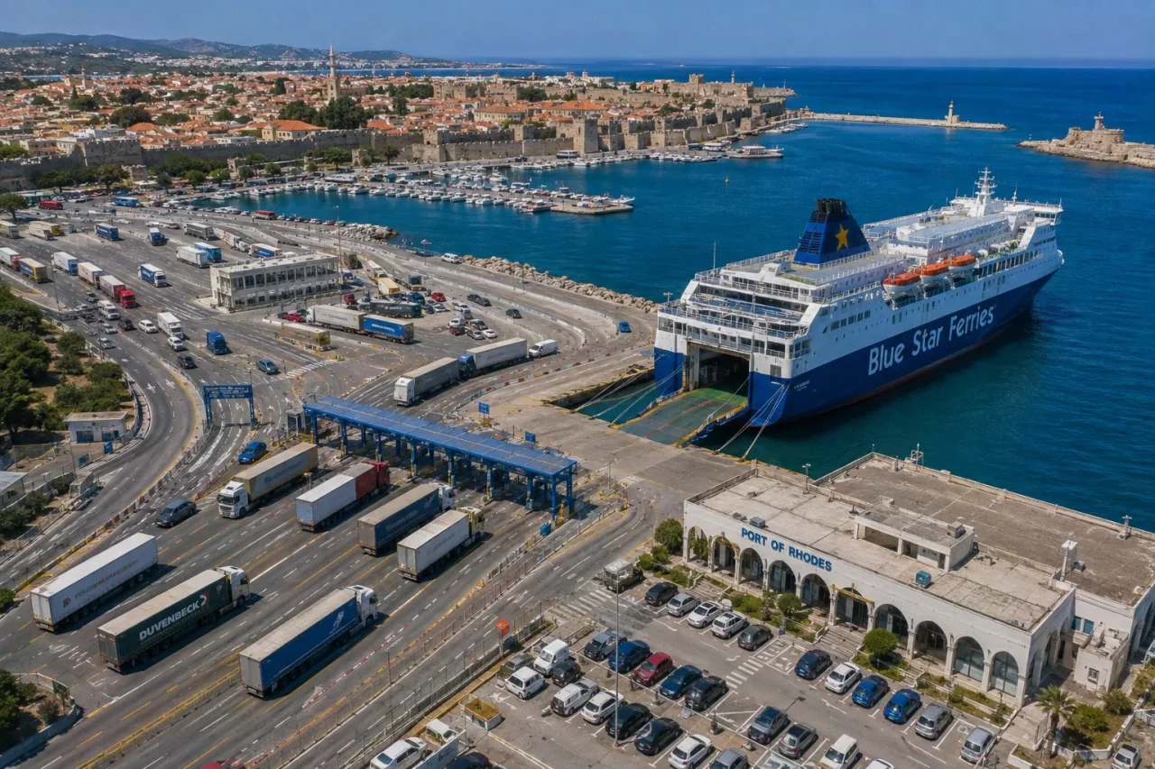 Vue aérienne du port de ferry de Rhodes et du front de mer historique