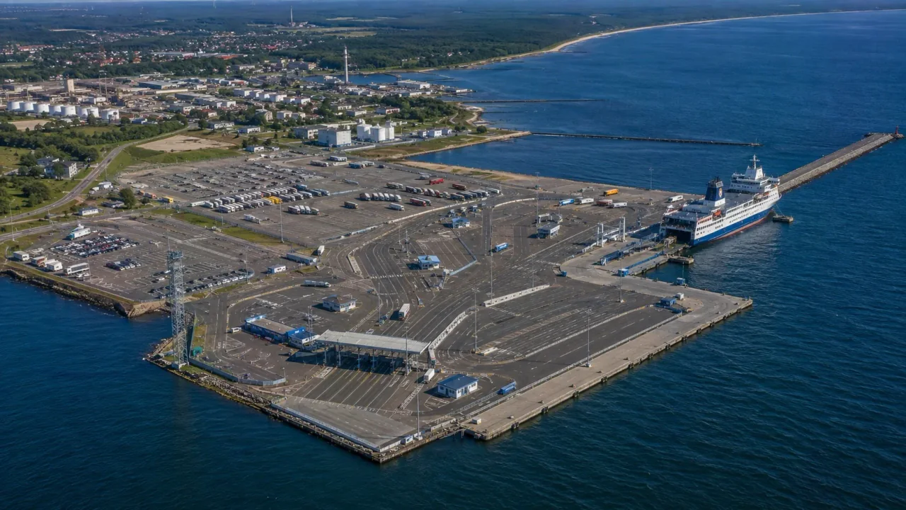 Vue aérienne du terminal de ferry de Ventspils sur la côte lettone de la mer Baltique