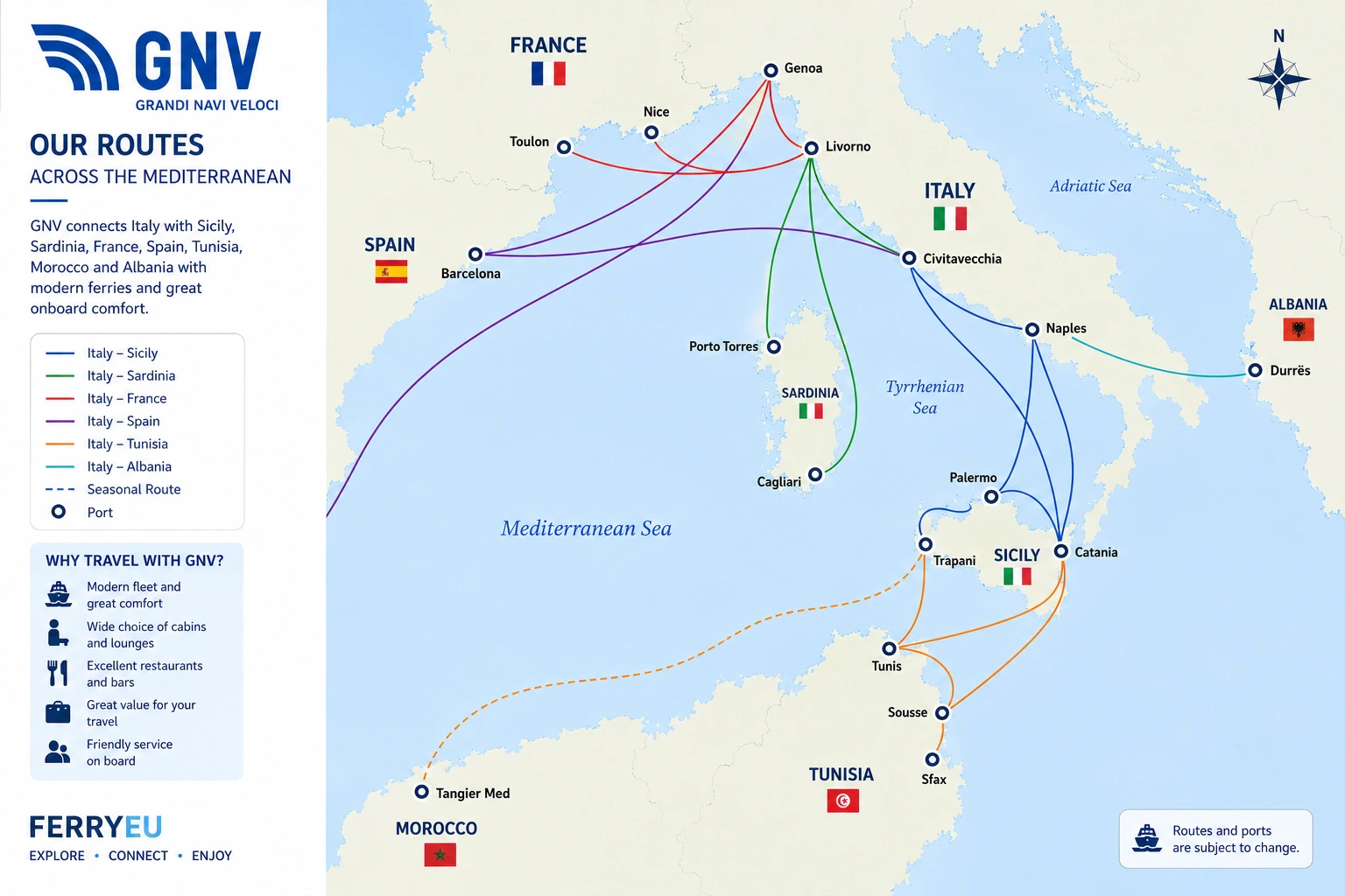 Carte routière de Grandi Navi Veloci (GNV)