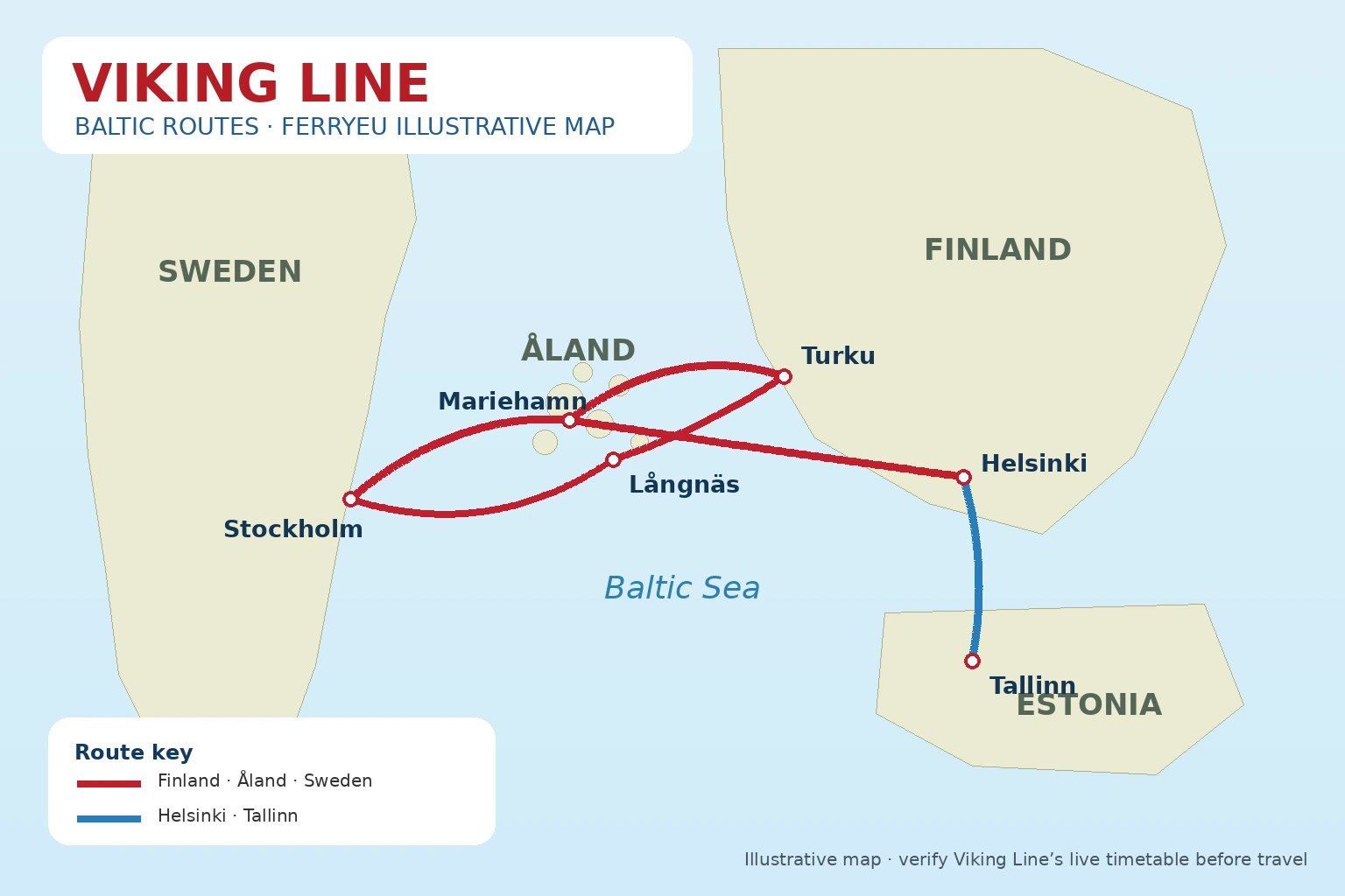 Carte illustrée des itinéraires des ferries de la mer Baltique de Viking Line