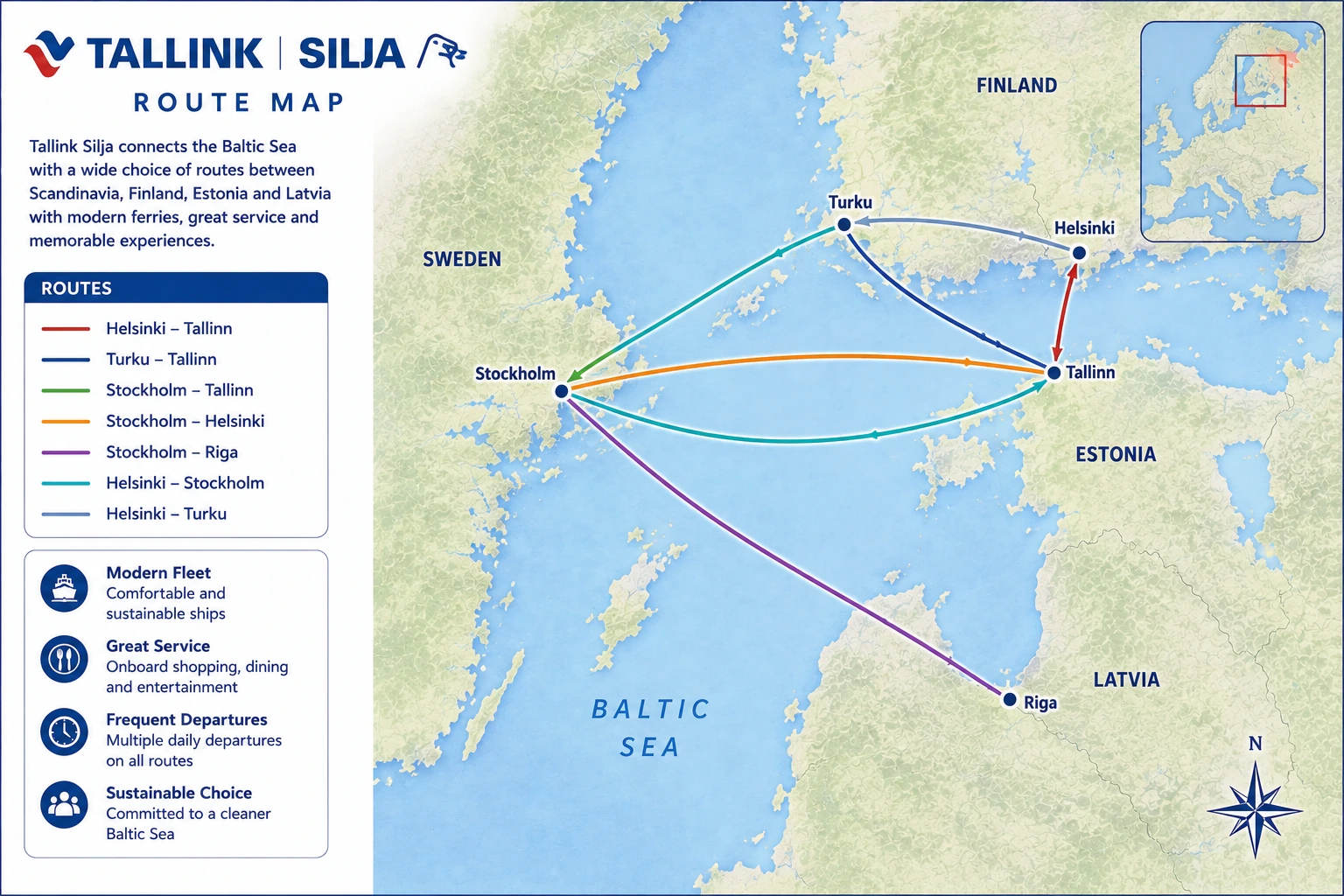 Carte routière illustrée de la ligne Tallink Silja